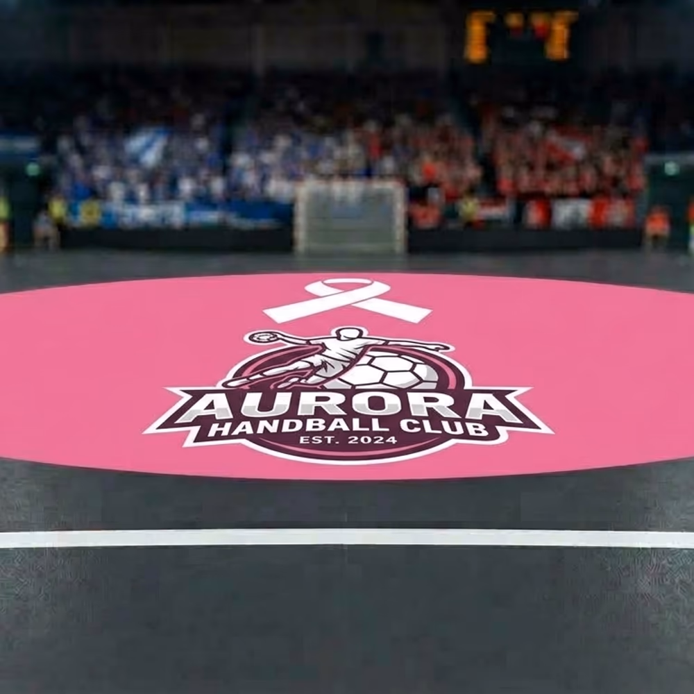 Rond rose avec le logo du club et un ruban Octobre Rose