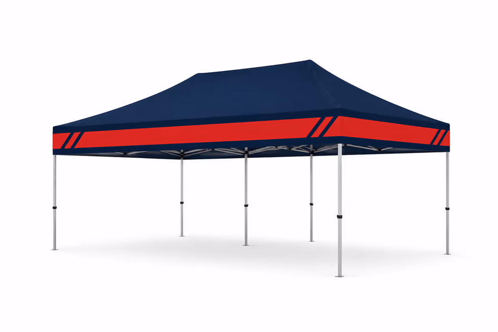 Barnum pliant personnalisé navy et rouge monté pour un événement sportif