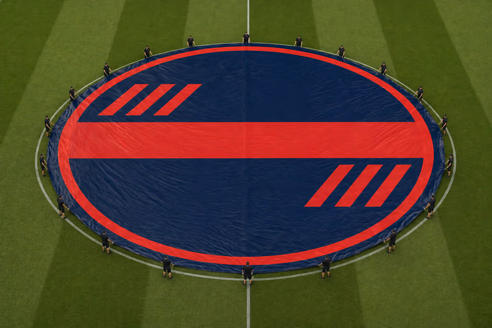Bâche de cercle central personnalisée navy et rouge installée au centre d'un terrain de football