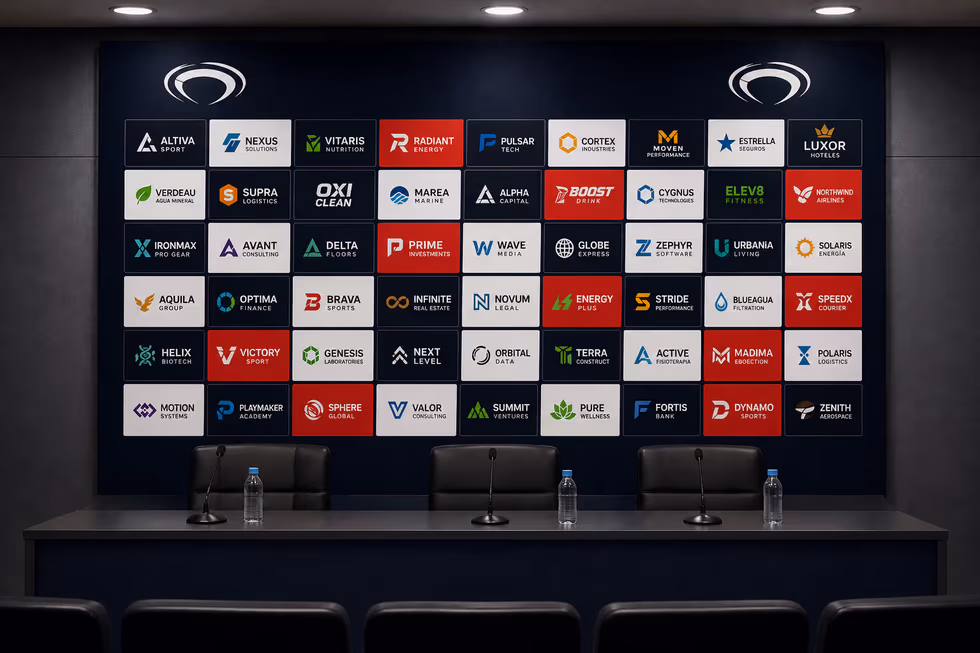 Salle de conférence de presse du Quevilly Rouen Métropole (QRM) en Ligue 2 : mur d'interview couvert de logos partenaires, pupitre et micros