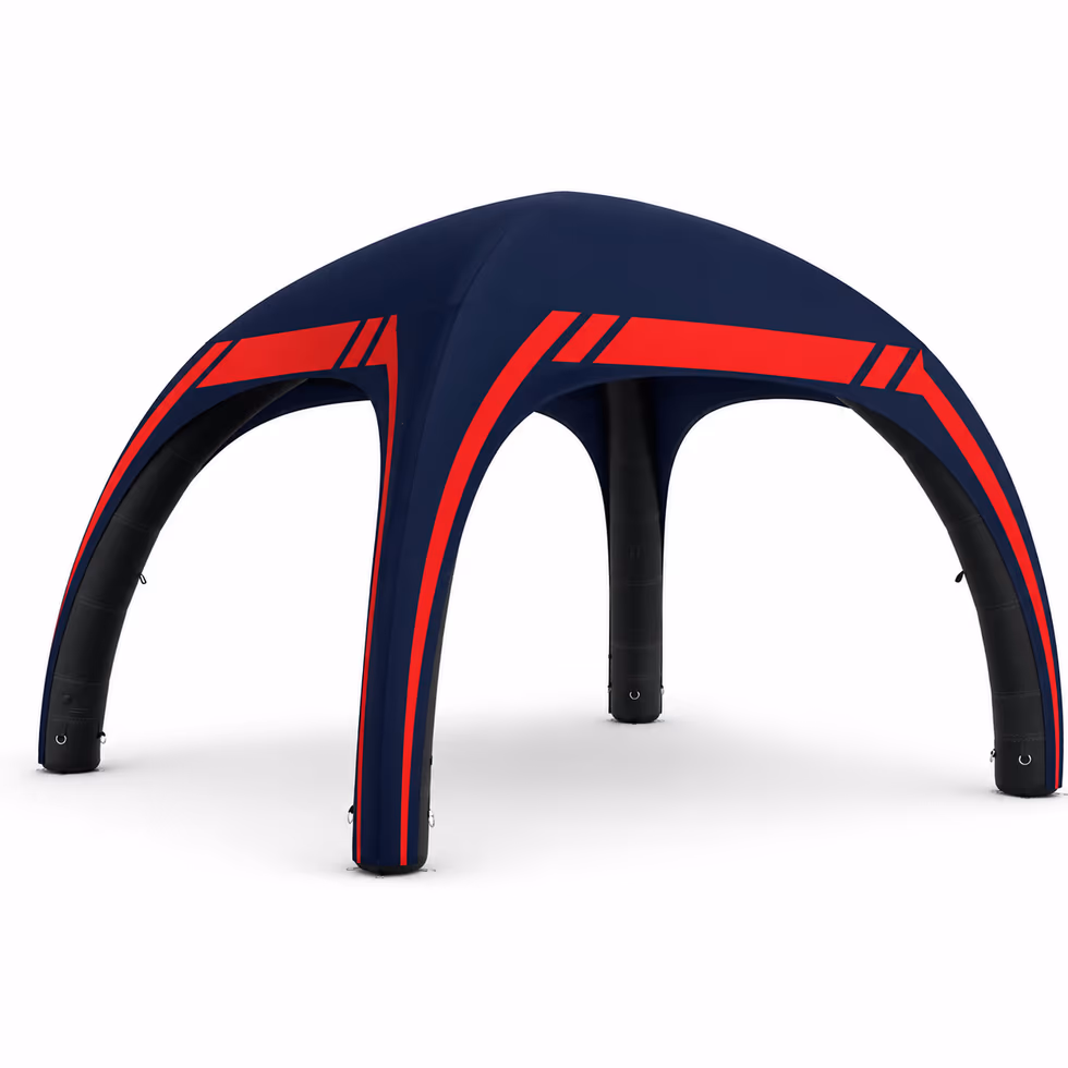 Tente gonflable AERO navy et rouge montée pour un événement sportif