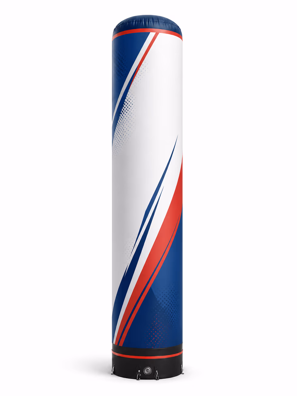 Totem tube gonflable vertical bleu blanc rouge affiché en entier, repère de marque sur événement sportif