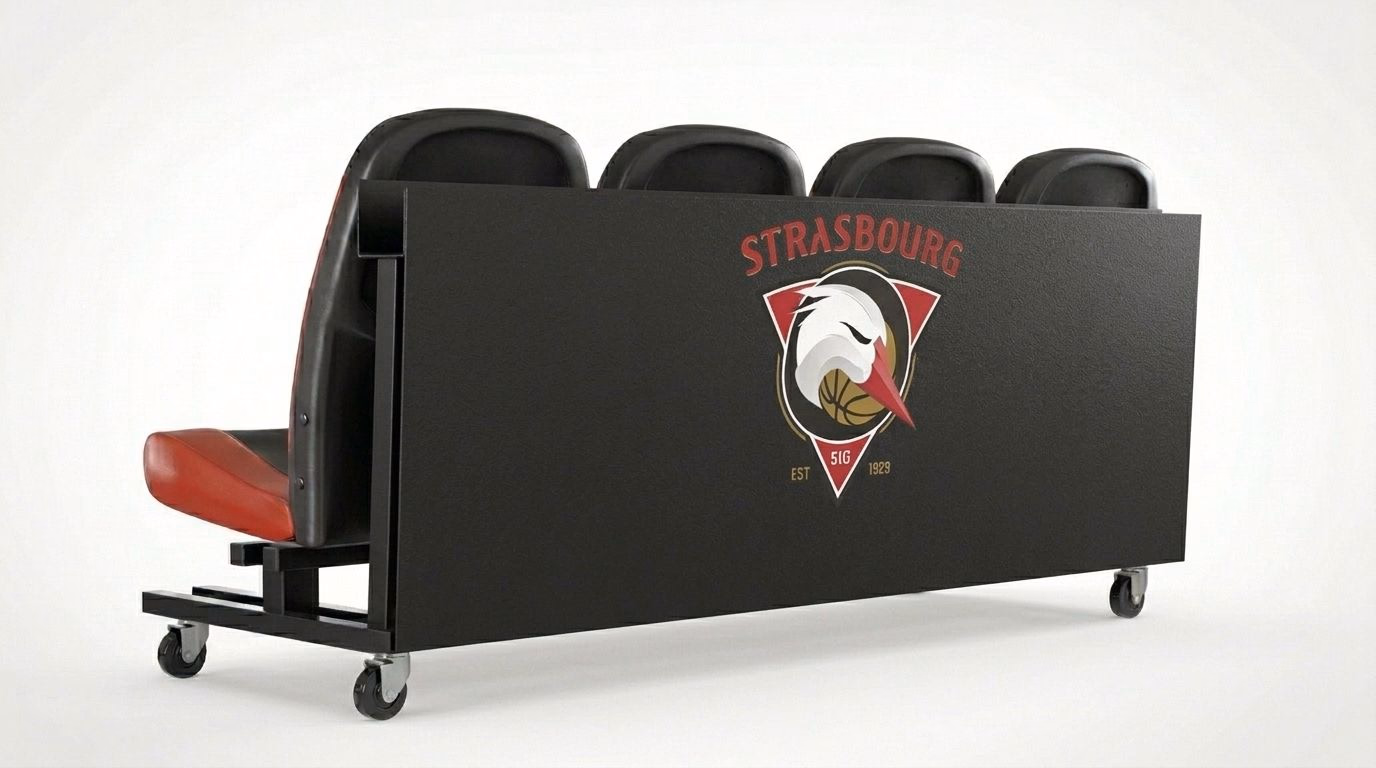 Banc de touche NU-SEAT™ avec panneau publicitaire arrière — surface sponsor pleine largeur, SIG Strasbourg