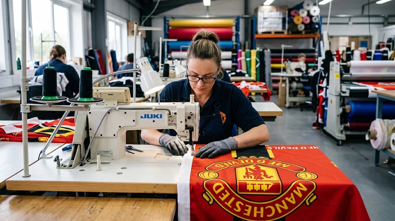 Préparation et fabrication de drapeaux personnalisés en atelier pour clubs en Belgique